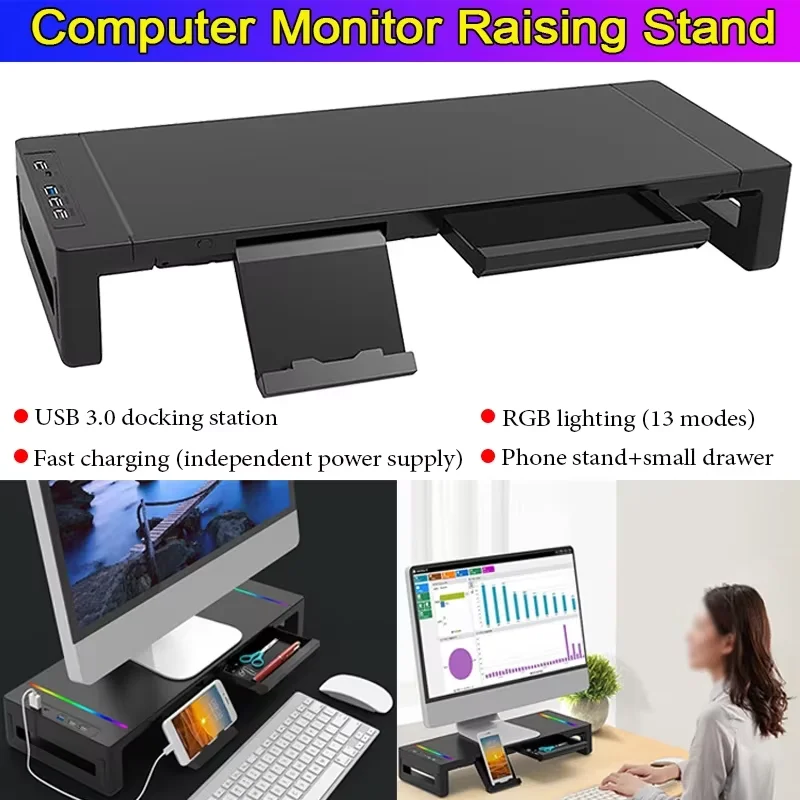 Iron Panel Monitor Stand Desktop Monitor Riser with Drawer, Monitor Stand Riser, Laptop/Printer/Imac/Tablet/Smartphone Stand