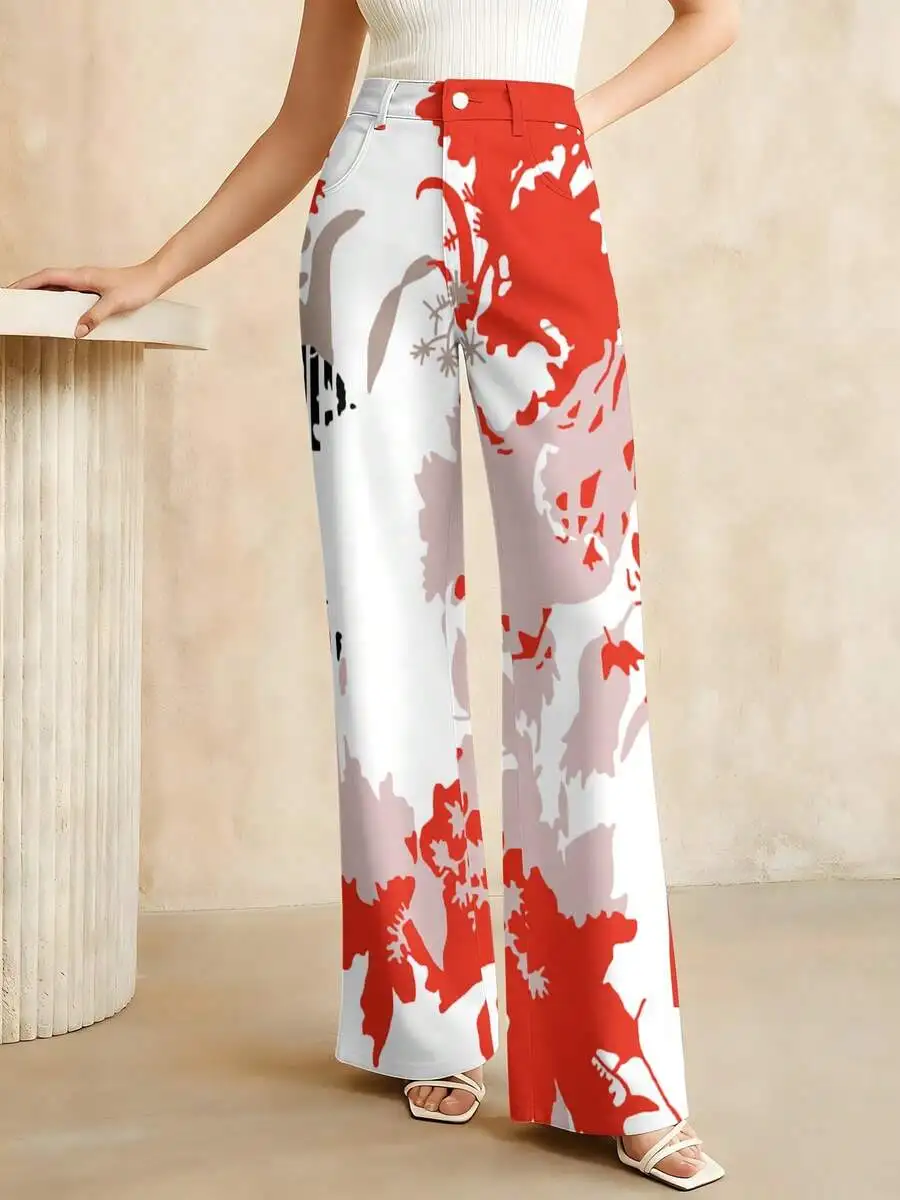 High-Waist Wide Leg Floral Print Denim Pants Women Casual Summer Trousers Red Gray
High-Waist Wide Leg Floral Print Denim Pants Women Casual Summer Trousers Red Gray