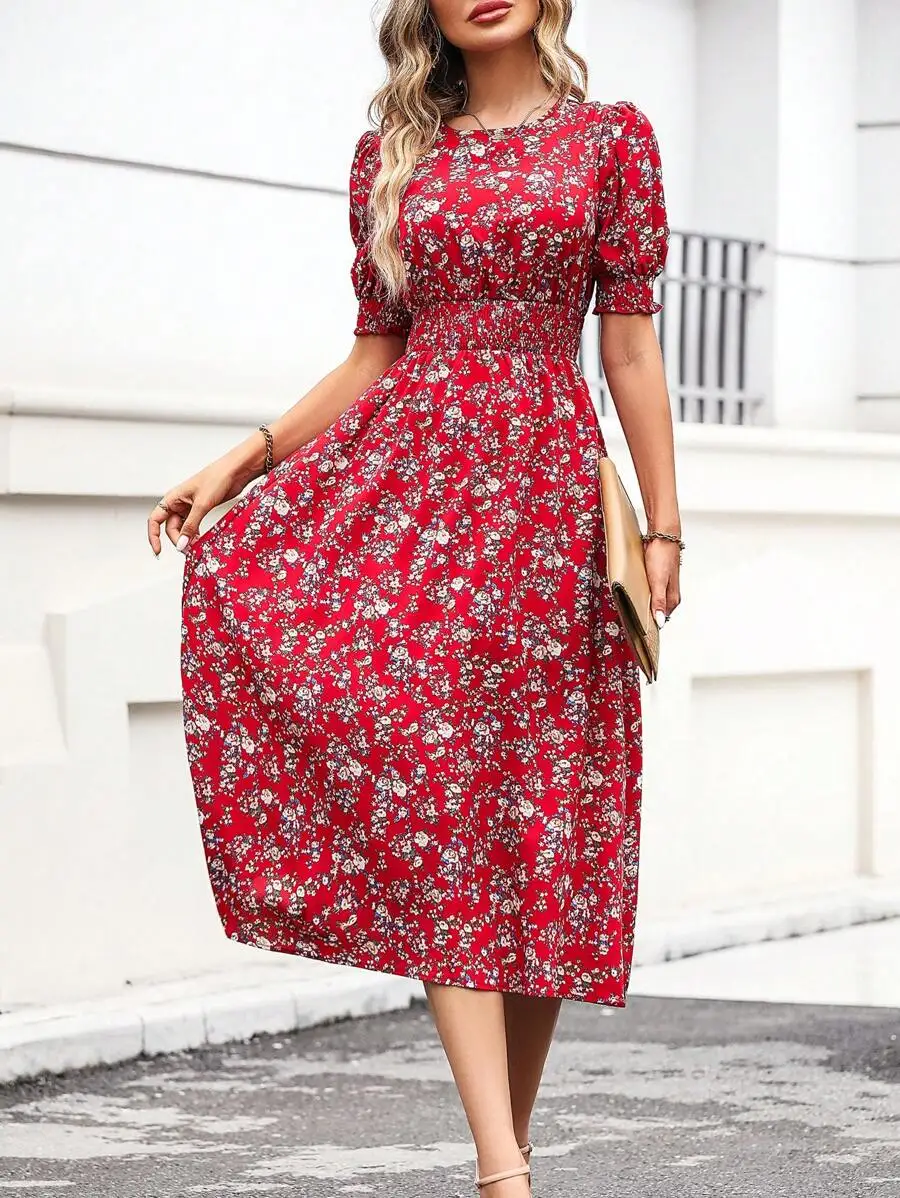 Red Ditsy Floral Puff Sleeve Cinched Waist Midi Dress for Women
Red Ditsy Floral Puff Sleeve Cinched Waist Midi Dress for Women