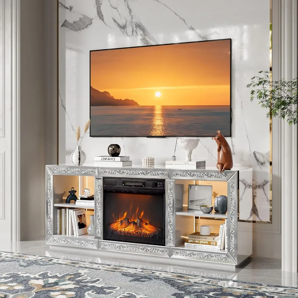 Mirrored Fireplace Stand for 70" TV, Diamond Entertainment Center with Shelves & 20 Color LED Lights, Tv Stand
Mirrored Fireplace Stand for 70" TV, Diamond Entertainment Center with Shelves & 20 Color LED Lights, Tv Stand