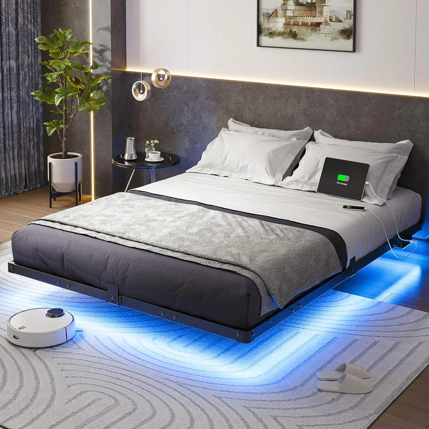 Queen Size Floating Bed Frame with USB & LED Lights, Metal Platform, No Box Spring Needed
Queen Size Floating Bed Frame with USB & LED Lights, Metal Platform, No Box Spring Needed