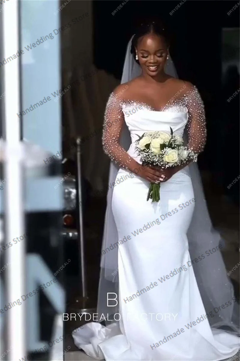 Luxury Pearls Wedding Dress Sexy Sheer Neck Full Sleeves Luxury Formal Bridal Gown Customized Beach Garden Long Robe
Luxury Pearls Wedding Dress Sexy Sheer Neck Full Sleeves Luxury Formal Bridal Gown Customized Beach Garden Long Robe