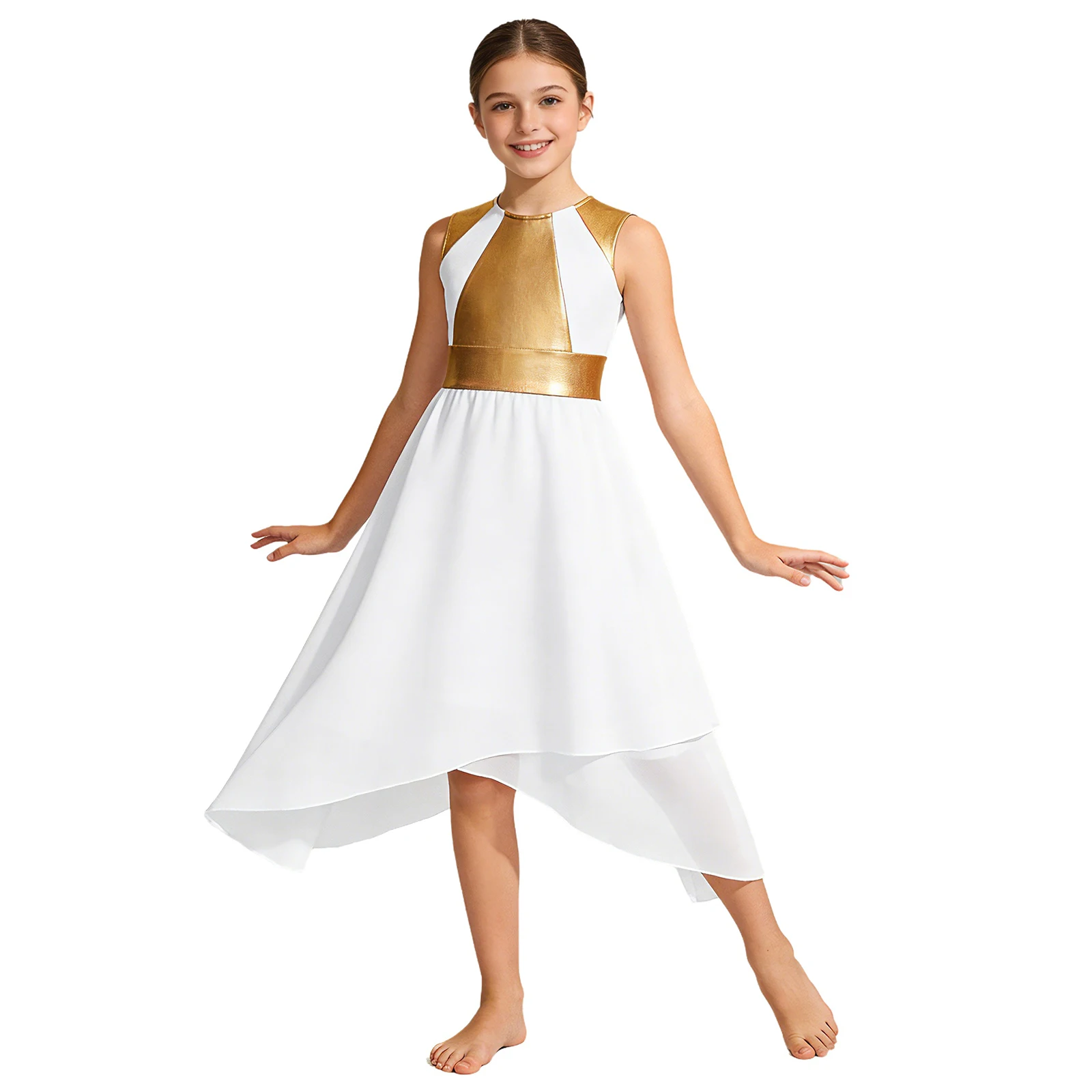 Kids Girls Praise Lyrical Liturgical Dance Dress Church Choir Worship Dancewear Sleeveless Metallic Shiny Irregular Hem Dresses
Kids Girls Praise Lyrical Liturgical Dance Dress Church Choir Worship Dancewear Sleeveless Metallic Shiny Irregular Hem Dresses