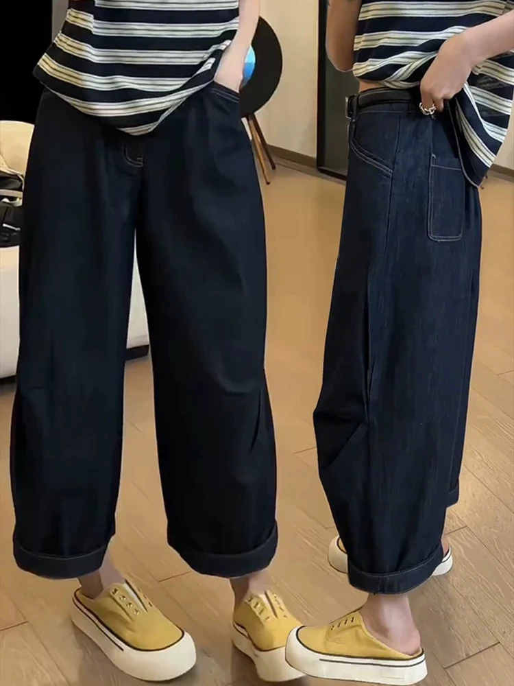 Large size retro dark blue jeans for women in summer thin loose high waist slimming straight leg wide leg cropped pants
Large size retro dark blue jeans for women in summer thin loose high waist slimming straight leg wide leg cropped pants