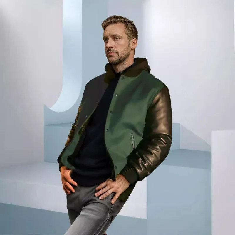 Products in Stock New Autumn and Winter European Size Men's ClothingPULeather Sleeve Stitching Flight Jacket Single-Breasted Woo
Products in Stock New Autumn and Winter European Size Men's ClothingPULeather Sleeve Stitching Flight Jacket Single-Breasted Woo