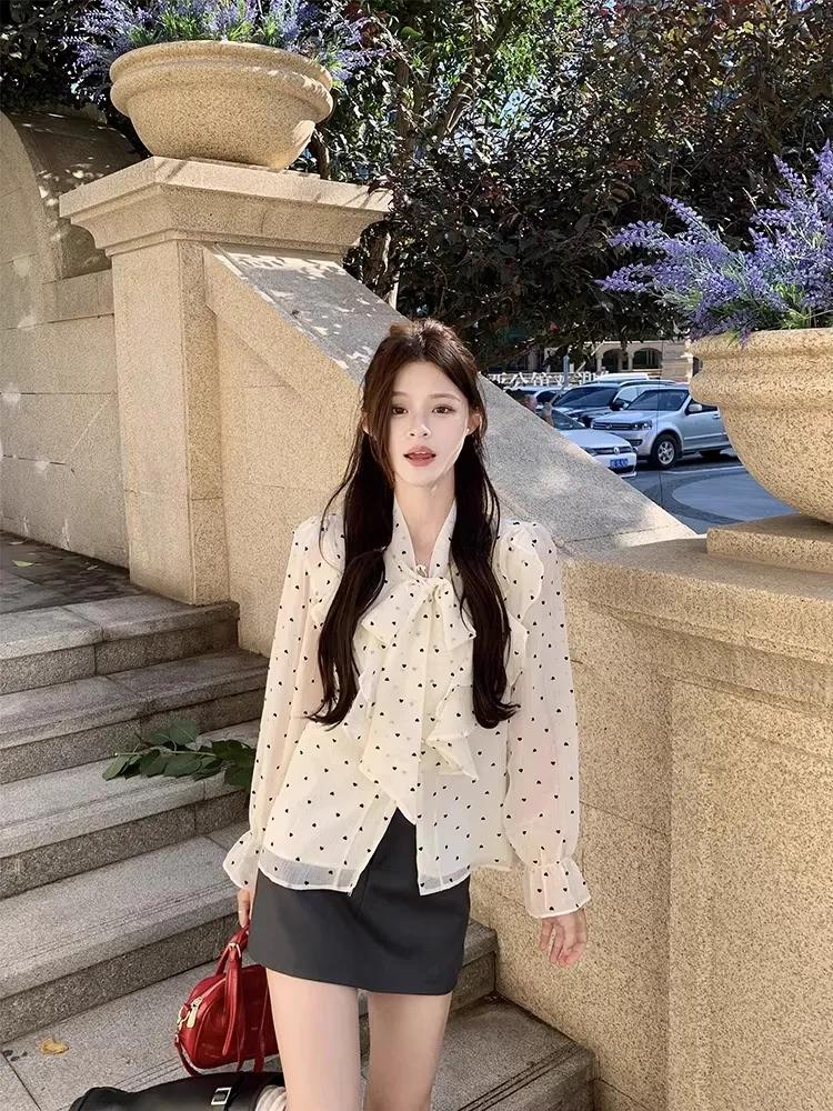 Cream Heart Print Bow Blouse for Women Ruffle Puff Sleeve Flare Cuff Chiffon Top Sweet Korean Style Casual Daily Wear
Cream Heart Print Bow Blouse for Women Ruffle Puff Sleeve Flare Cuff Chiffon Top Sweet Korean Style Casual Daily Wear