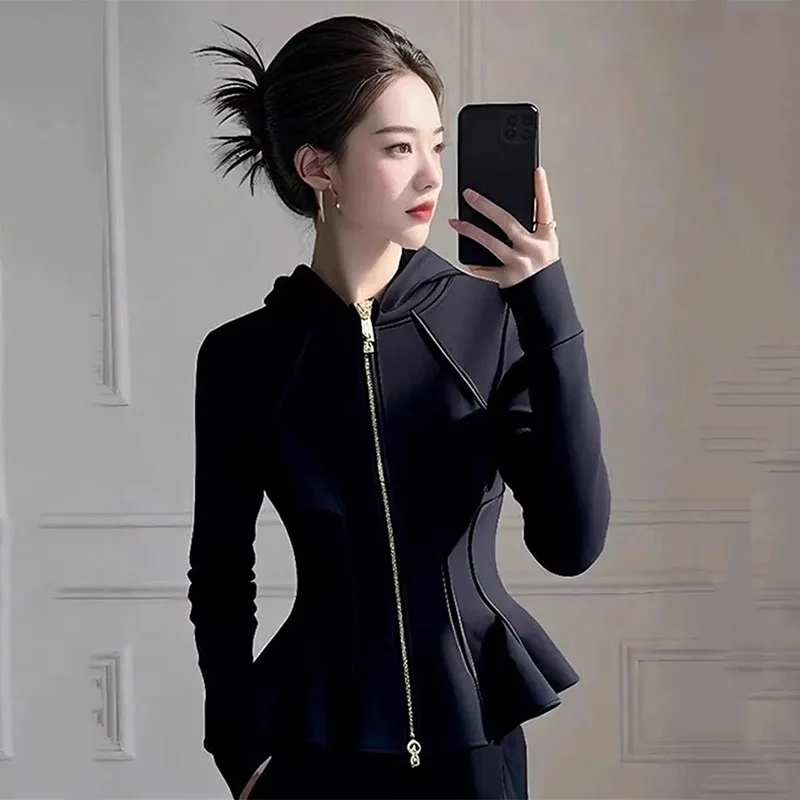 Spring Autumn New 2025 Hooded Short Coat Female Temperament High Quality Black Long Sleeved Waist Women Coats Ladies Outwear
Spring Autumn New 2025 Hooded Short Coat Female Temperament High Quality Black Long Sleeved Waist Women Coats Ladies Outwear