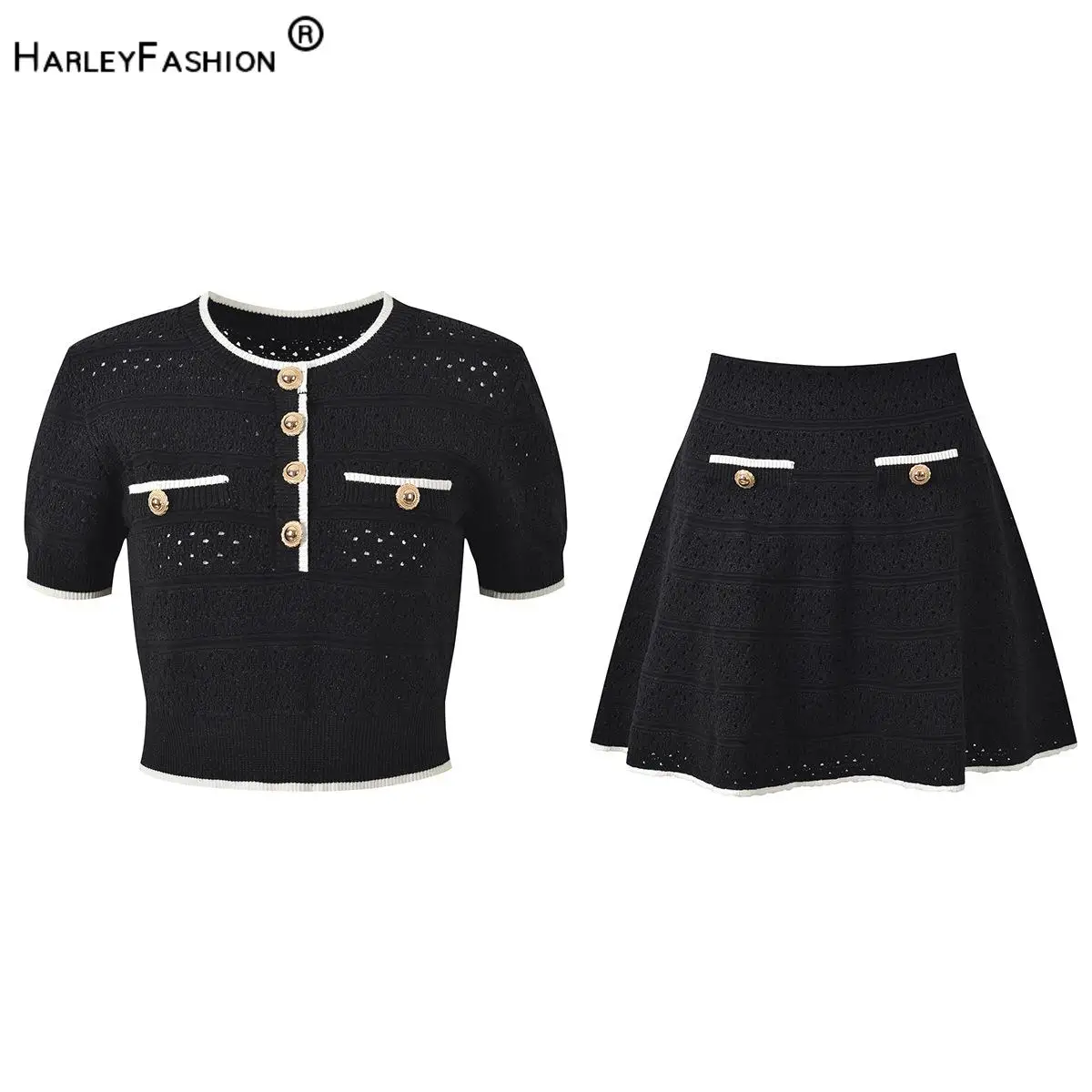 Summer Lady Elegant Style Colorblock Suit O-neck Short Sleeve Single-breasted Pullover Tops A-line Mini Skirt Women Knit 2pcs
Summer Lady Elegant Style Colorblock Suit O-neck Short Sleeve Single-breasted Pullover Tops A-line Mini Skirt Women Knit 2pcs