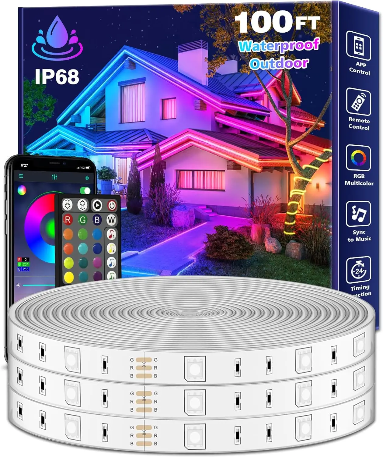 100-футовая уличная водонепроницаемая светодиодная лента, RGB-подсветка с синхронизацией музыки, IP65, управление через приложение и пульт ДУ
100-футовая уличная водонепроницаемая светодиодная лента, RGB-подсветка с синхронизацией музыки, IP65, управление через приложение и пульт ДУ