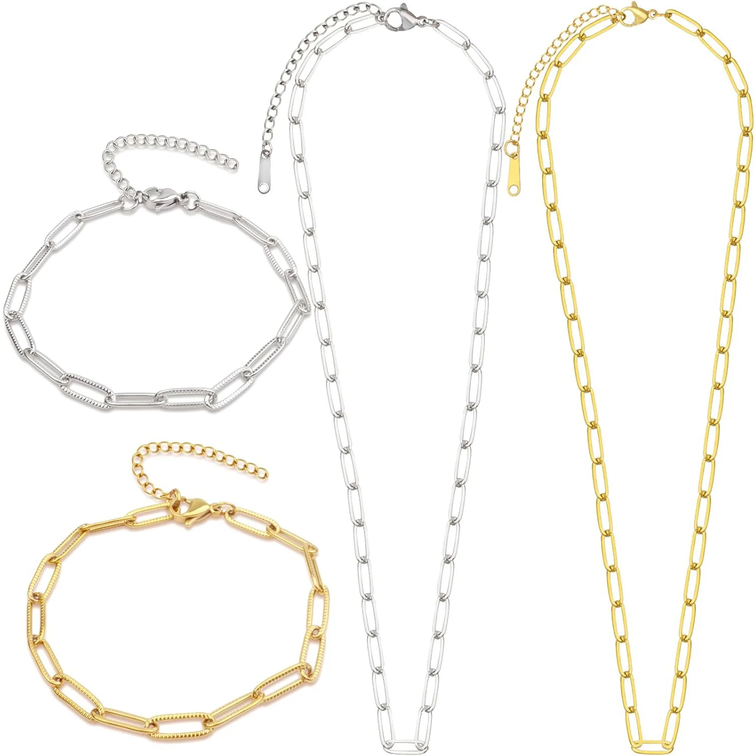 4 PCS 18K Golden Plated Chain Necklaces Bracelets Kit, Stainless Steel Paperclip Necklace Charm Bracelet with Extension Chains
4 PCS 18K Golden Plated Chain Necklaces Bracelets Kit, Stainless Steel Paperclip Necklace Charm Bracelet with Extension Chains