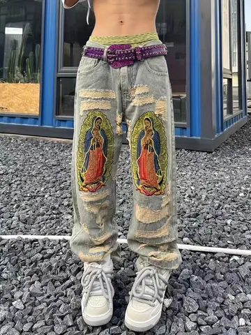 American Retro Heavy-Duty Ripped Embroidered Jeans for Men, High Street Vibe, Hip-Hop Niche Straight-Leg Casual Slim-Fit Long Pants