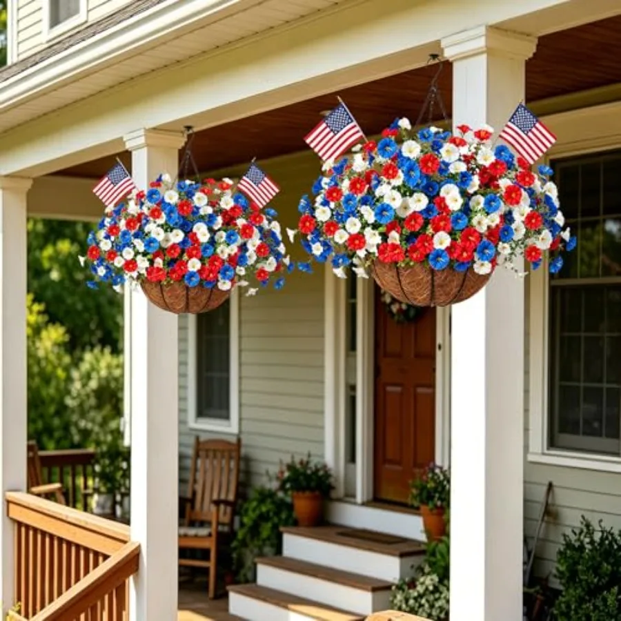Outdoor Porch Artificial Hanging Flower Baskets, UV Resistant Red White Blue Patriotic Faux Flowers, 4th of July Decor, 2 Pack
Outdoor Porch Artificial Hanging Flower Baskets, UV Resistant Red White Blue Patriotic Faux Flowers, 4th of July Decor, 2 Pack