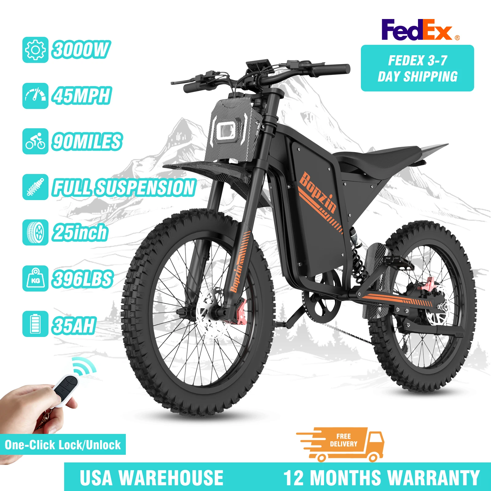 Bopzin Battery 60V 35AH Peak Power 3000W Electric Dirt Bike for Adults 45MPH 25’’ Fat Tire off-Road Mountain Bike UL2849
Bopzin Battery 60V 35AH Peak Power 3000W Electric Dirt Bike for Adults 45MPH 25’’ Fat Tire off-Road Mountain Bike UL2849