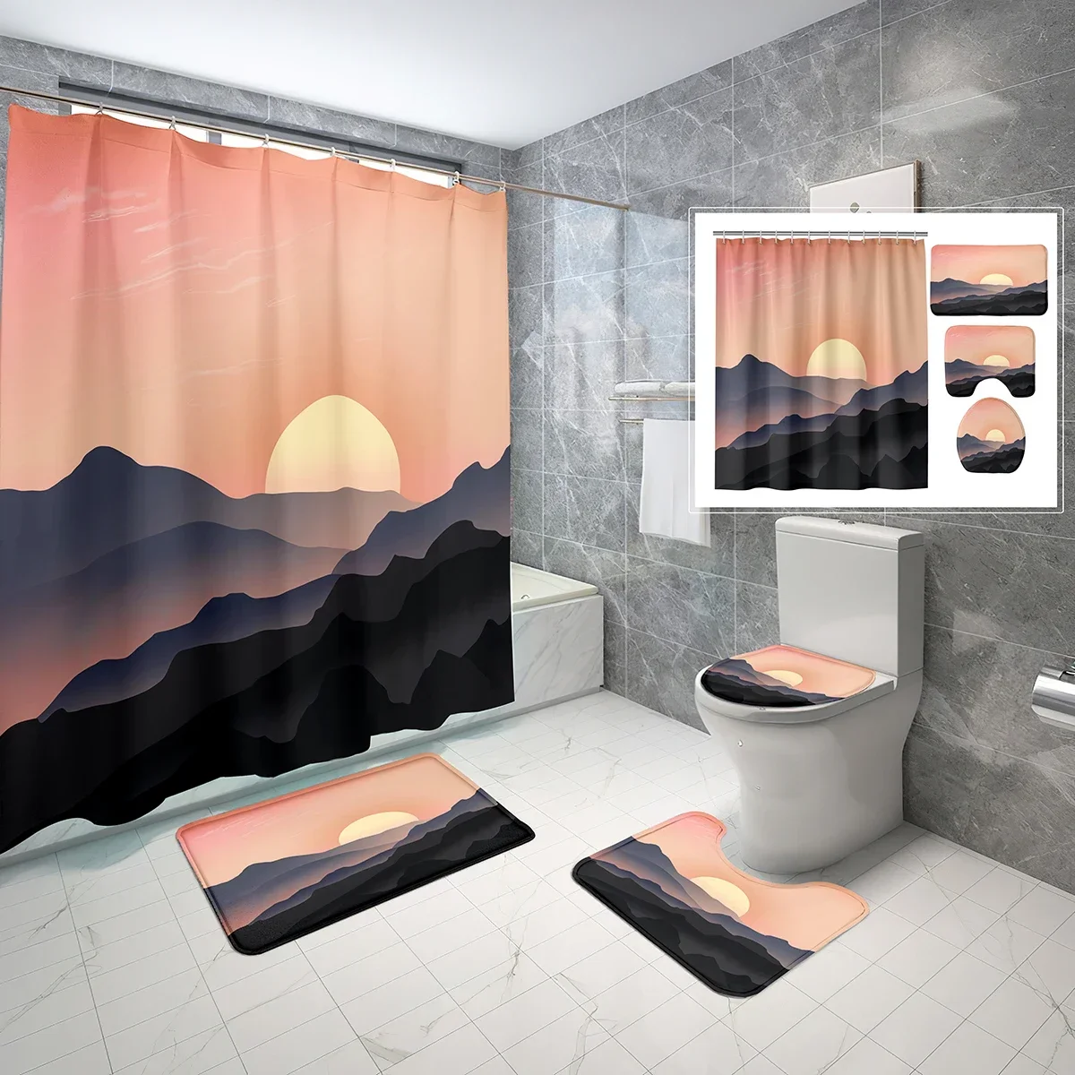 4 комплекта занавесок для душа Sunrise Landscape Art с нескользящим ковриком для ванной, крышкой для унитаза и комплектом занавесок для душа в минималистском стиле
4 комплекта занавесок для душа Sunrise Landscape Art с нескользящим ковриком для ванной, крышкой для унитаза и комплектом занавесок для душа в минималистском стиле