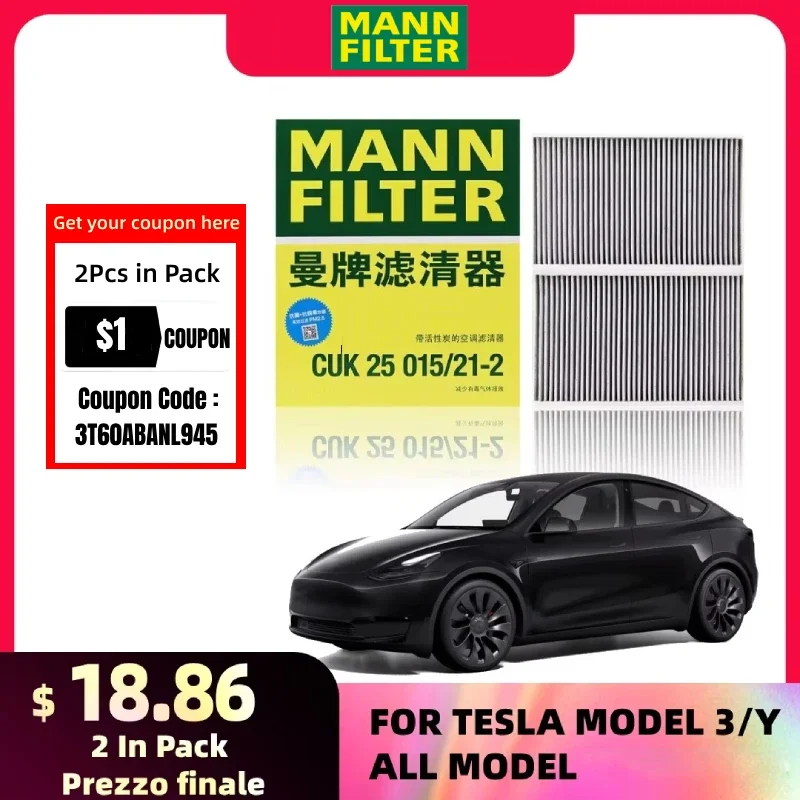 For Tesla Model 3 Model Y EV MANN FILTER CUK25015/21-2 2PCs Activated Carbon Built-in Cabin Filter 1107681-00-A 1107681-00-B
For Tesla Model 3 Model Y EV MANN FILTER CUK25015/21-2 2PCs Activated Carbon Built-in Cabin Filter 1107681-00-A 1107681-00-B