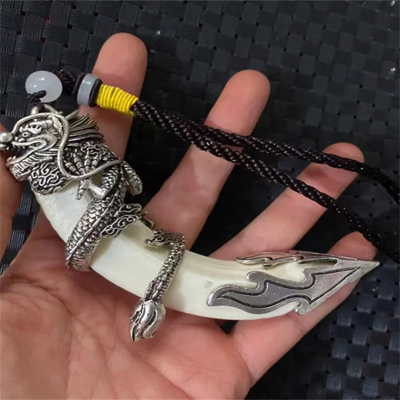 Little Fairy/ Tibetan Silver Shenlong Inlaid Pure Natural Wild Boar Tooth Necklace Pendant Fashion Personalized Men Women Gift
Little Fairy/ Tibetan Silver Shenlong Inlaid Pure Natural Wild Boar Tooth Necklace Pendant Fashion Personalized Men Women Gift