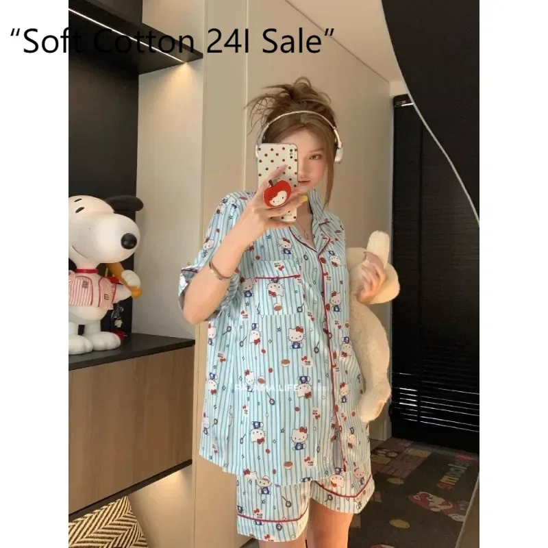 Hello Kitty Summer Pajamas Set Women's Blue Short Sleeve Shirt & Shorts 2-Piece Collar Cotton Homewear Cute Sleepwear Kawaii
Hello Kitty Summer Pajamas Set Women's Blue Short Sleeve Shirt & Shorts 2-Piece Collar Cotton Homewear Cute Sleepwear Kawaii