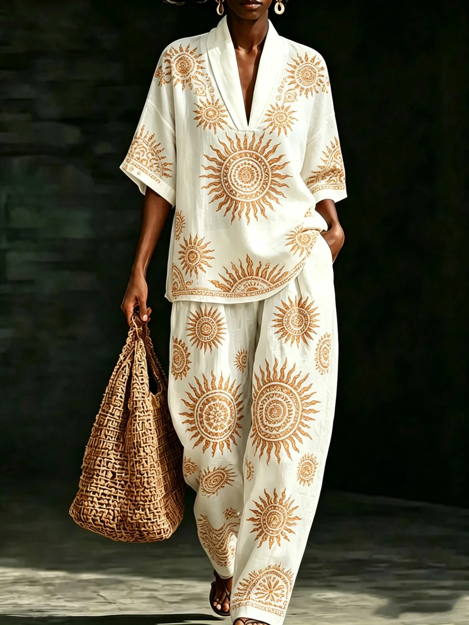 Summer Boho Sun Print 2 Piece Set Women Elegant Short Sleeve V Neck Top & Wide Leg Pants Casual Loose Suit Female Outfits
Summer Boho Sun Print 2 Piece Set Women Elegant Short Sleeve V Neck Top & Wide Leg Pants Casual Loose Suit Female Outfits