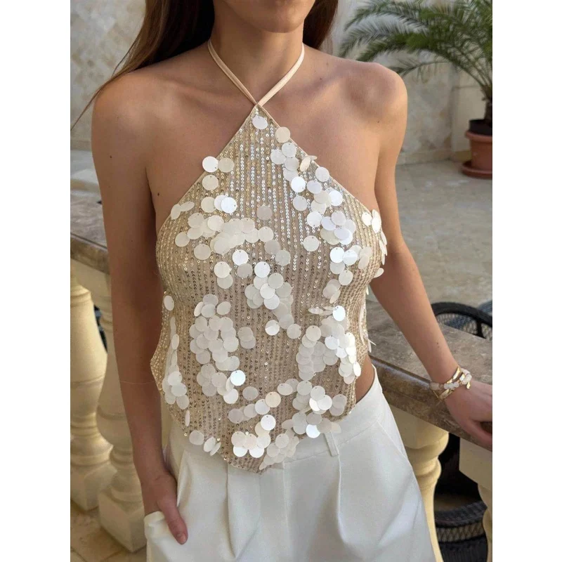 Halter Sequin Top Bright Sparkle Backless V-neck Short Party Crop Top Women's European Style Casual Fashion Inner Wear
Halter Sequin Top Bright Sparkle Backless V-neck Short Party Crop Top Women's European Style Casual Fashion Inner Wear