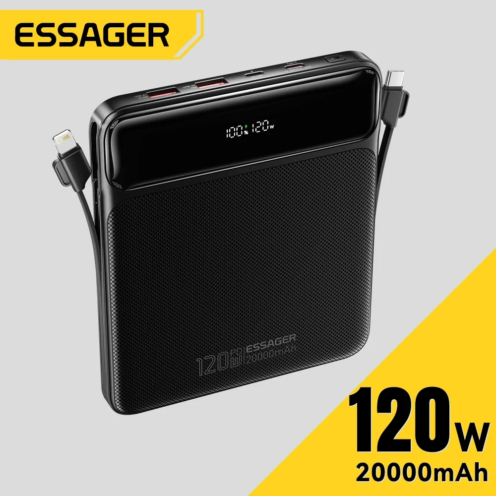 Essager 20000mAh 120W Power Bank with 2 Built-in Cables Fast Charging for iPhone 16-14 Pro Max, iPad, MacBook, Laptop, Samsung
Essager 20000mAh 120W Power Bank with 2 Built-in Cables Fast Charging for iPhone 16-14 Pro Max, iPad, MacBook, Laptop, Samsung