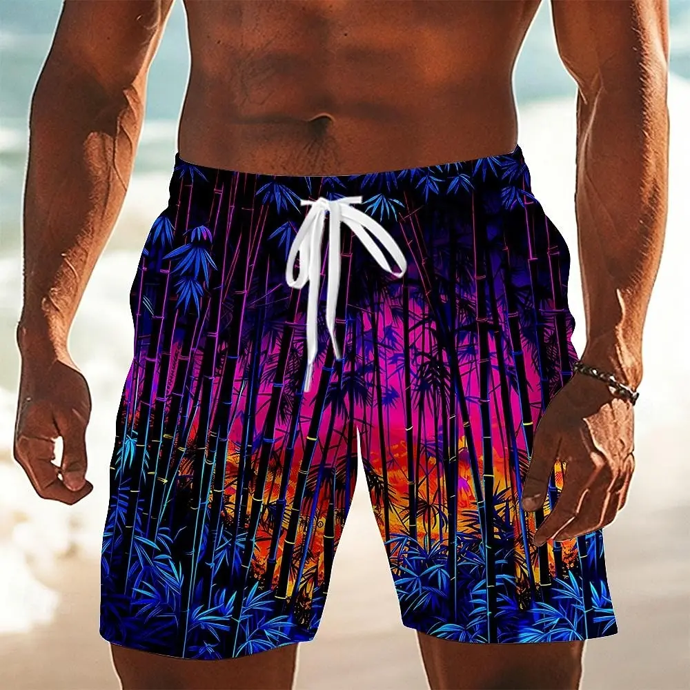 Men's Spring Summer Casual Shorts, Neon Bamboo Sunset Print Drawstring Swim Trunks for Holiday Beach & Casual Wear
Men's Spring Summer Casual Shorts, Neon Bamboo Sunset Print Drawstring Swim Trunks for Holiday Beach & Casual Wear