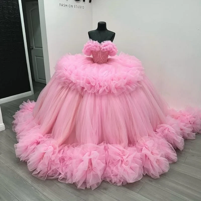 Customized pink Quinceanera Dresses Off the Shoulder Glitter applique crystal ruffle layering Long tail Vestido De 15 Quinceaner
Customized pink Quinceanera Dresses Off the Shoulder Glitter applique crystal ruffle layering Long tail Vestido De 15 Quinceaner