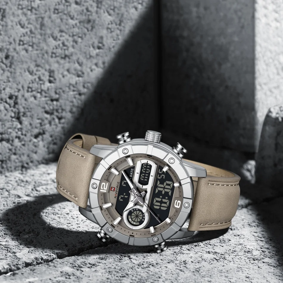 Новые мужские водонепроницаемые многофункциональные наручные часы NAVIFORCE 3ATM с таймером и двойным дисплеем, ночник, кожаные спортивные мужские часы
Новые мужские водонепроницаемые многофункциональные наручные часы NAVIFORCE 3ATM с таймером и двойным дисплеем, ночник, кожаные спортивные мужские часы