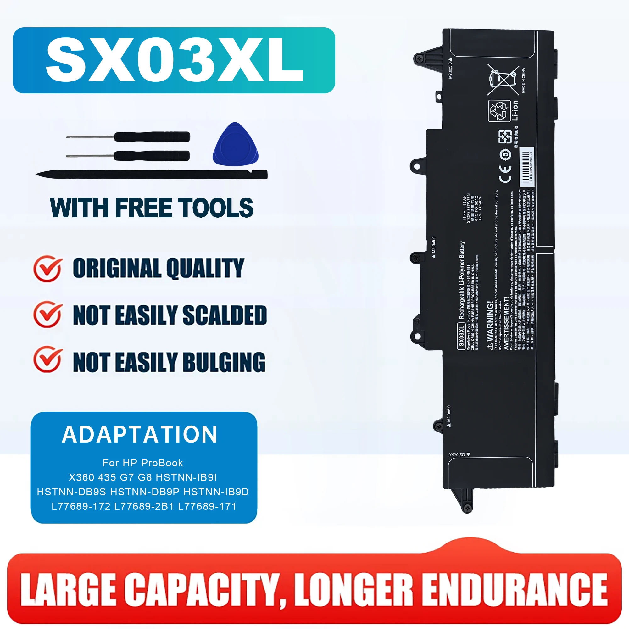 SX03XL 11.4V 45Wh Laptop Battery Replacement for HP ProBook X360 435 G7 G8 G10 1F3G6EA 1F3G9EA 1Q2W3ES 1V2Y7PA 1L3L2EA 3S071AV
SX03XL 11.4V 45Wh Laptop Battery Replacement for HP ProBook X360 435 G7 G8 G10 1F3G6EA 1F3G9EA 1Q2W3ES 1V2Y7PA 1L3L2EA 3S071AV