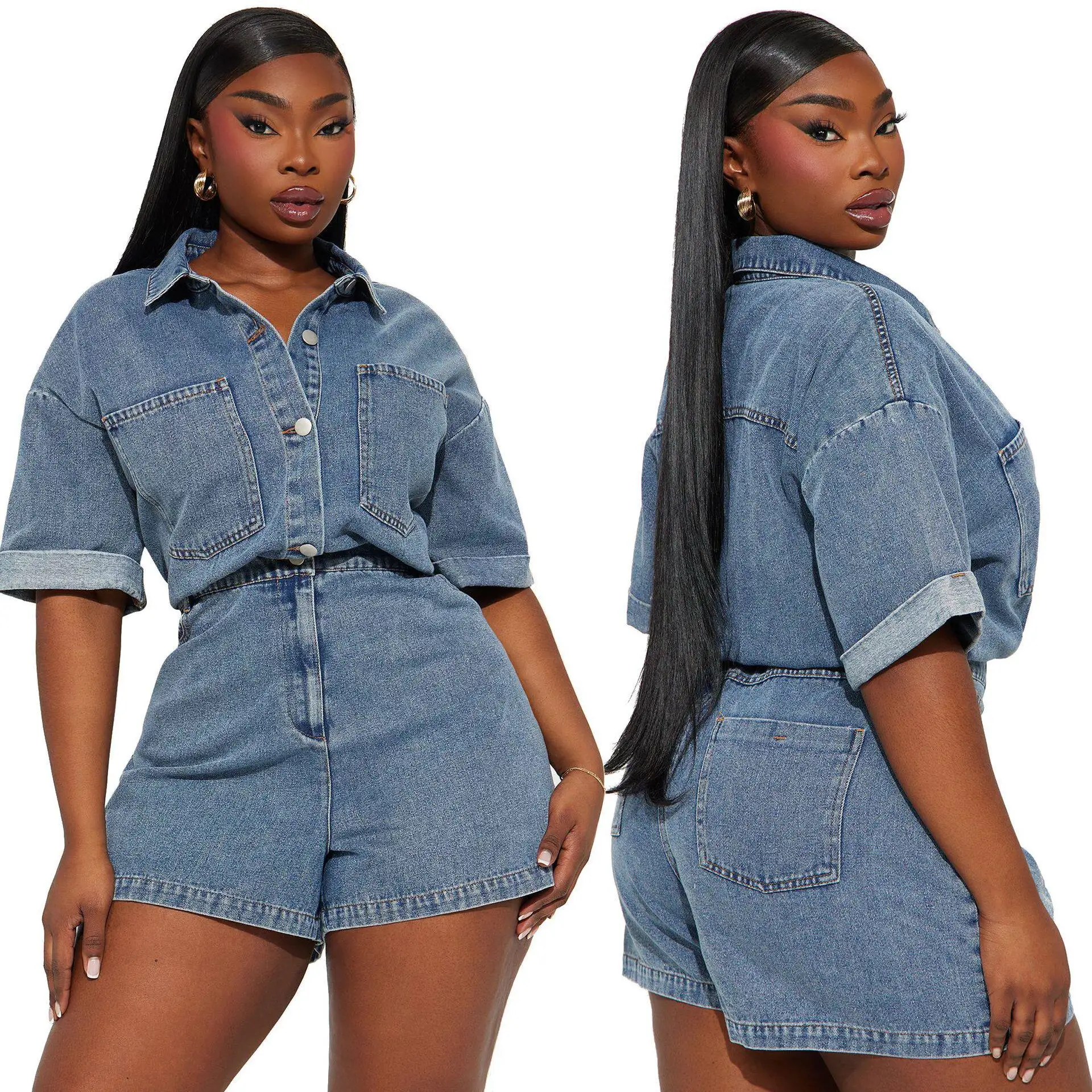 Loose Women's Overalls High Elasticity Short Sleeve Denim Jumpsuit Street Style Diamond Embellished mid Waist Shorts
Loose Women's Overalls High Elasticity Short Sleeve Denim Jumpsuit Street Style Diamond Embellished mid Waist Shorts