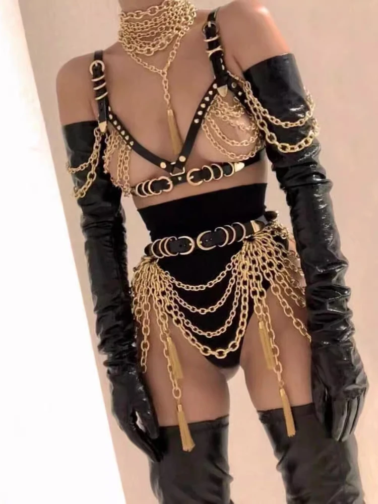 Women Punk Leather Suit Rivet Chain Tassel Pendant Body Chain Stage Costume Female Costumes Party Dj Bar Performance Clothing
Women Punk Leather Suit Rivet Chain Tassel Pendant Body Chain Stage Costume Female Costumes Party Dj Bar Performance Clothing