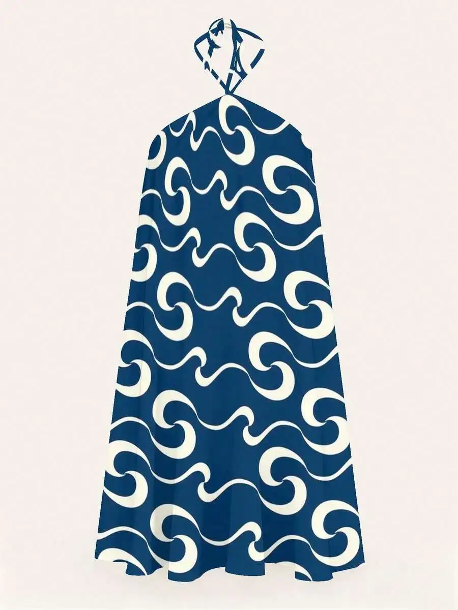 Womens Backless Halter Dress Blue White Wave Print Loose Casual Vacation Dress
Womens Backless Halter Dress Blue White Wave Print Loose Casual Vacation Dress