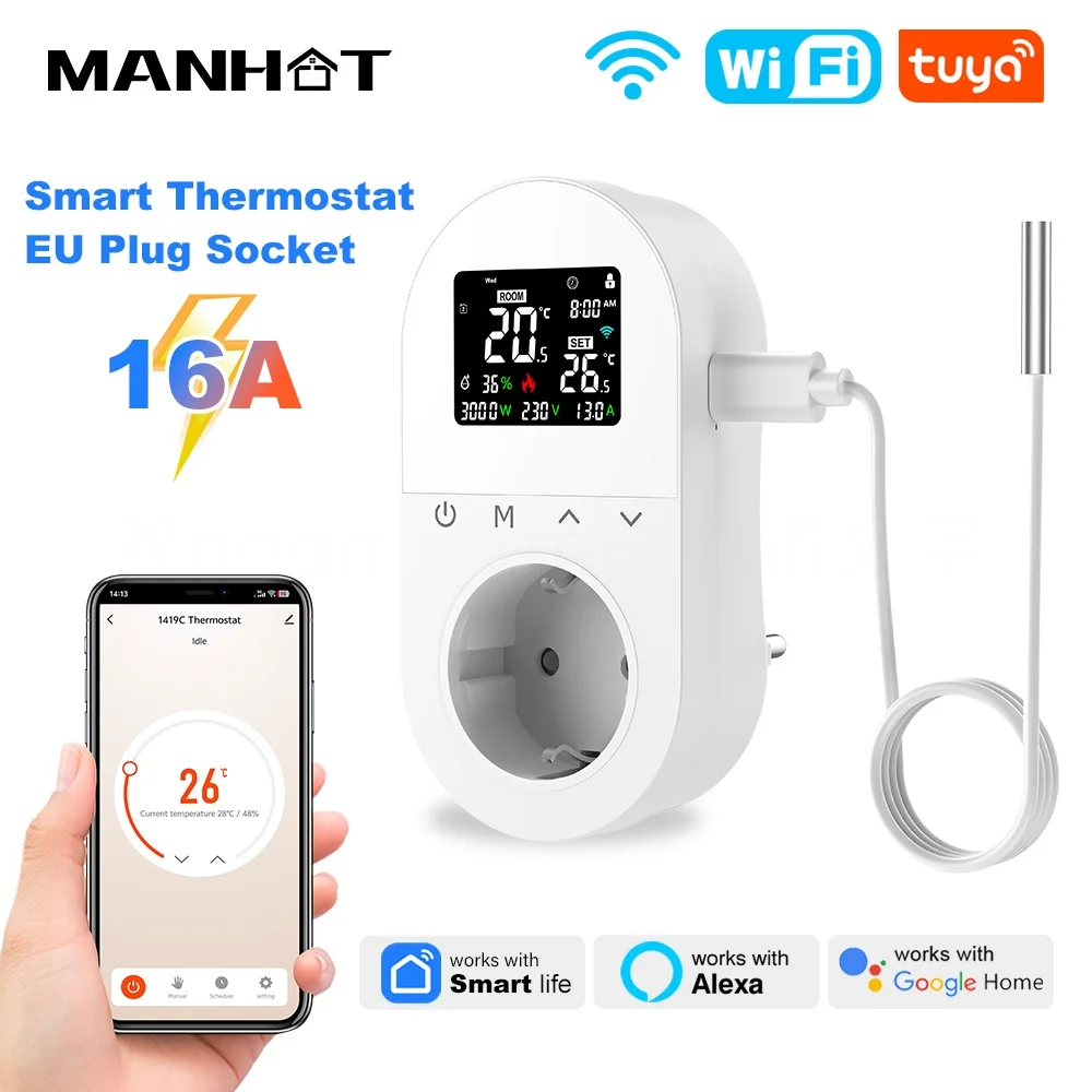 Tuya WIFI Smart Plug-In Thermostat Socket 16A Outlet Plug Remote Temperature Controller Switch for Heating Cooling Work Alexa
Tuya WIFI Smart Plug-In Thermostat Socket 16A Outlet Plug Remote Temperature Controller Switch for Heating Cooling Work Alexa