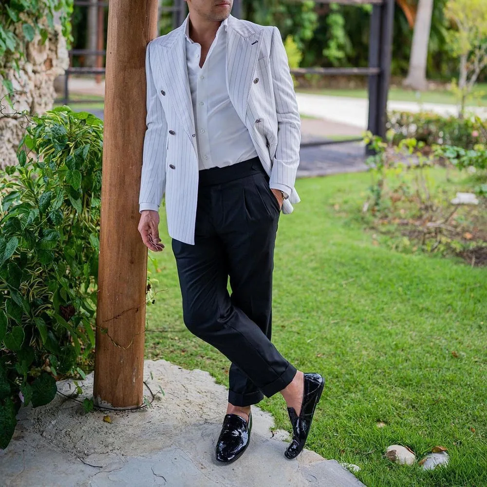 Chic Men Suits Stripe Blazer Double Breasted Flat Front Regular Length Elegant Wedding Groom 2 Piece Jacket Pants Bespoke Outfit
Chic Men Suits Stripe Blazer Double Breasted Flat Front Regular Length Elegant Wedding Groom 2 Piece Jacket Pants Bespoke Outfit