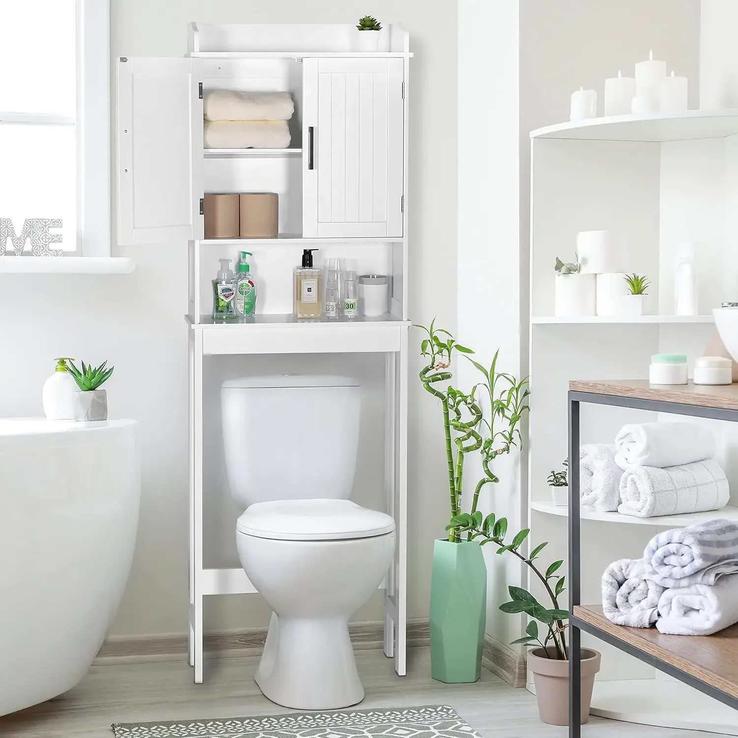 Bathroom Over-The-Toilet Storage Cabinet Organizer with Shelves and Doors, Small Freestanding Toilet Shelf Space Saver, White
Bathroom Over-The-Toilet Storage Cabinet Organizer with Shelves and Doors, Small Freestanding Toilet Shelf Space Saver, White