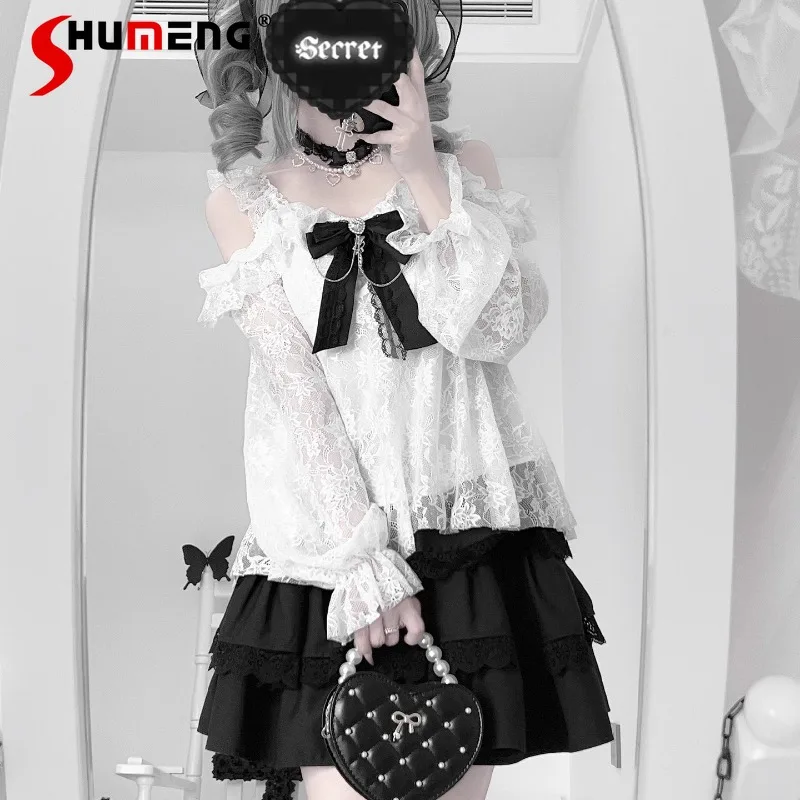 Japanese Original Design Mine Series White Inner Shirt Lace Short-sleeved Bow Blouse Women's Clothing Black Color Mini Skirts
Japanese Original Design Mine Series White Inner Shirt Lace Short-sleeved Bow Blouse Women's Clothing Black Color Mini Skirts