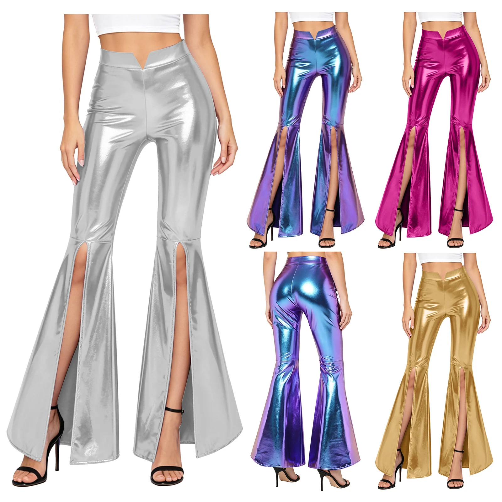 Womens 70s Disco Dance Pants Shiny Metallic V-notched High Waist Front Slit Flared Pants Disco Dance Party Bell Bottons Clubwear
Womens 70s Disco Dance Pants Shiny Metallic V-notched High Waist Front Slit Flared Pants Disco Dance Party Bell Bottons Clubwear