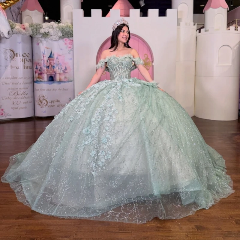 Light Green Shiny Ball Gown Quinceanera Dresses Sequin Applique Lace Beading Crystal Bow Tull Corset Off The Shoulder Sweet 16
Light Green Shiny Ball Gown Quinceanera Dresses Sequin Applique Lace Beading Crystal Bow Tull Corset Off The Shoulder Sweet 16