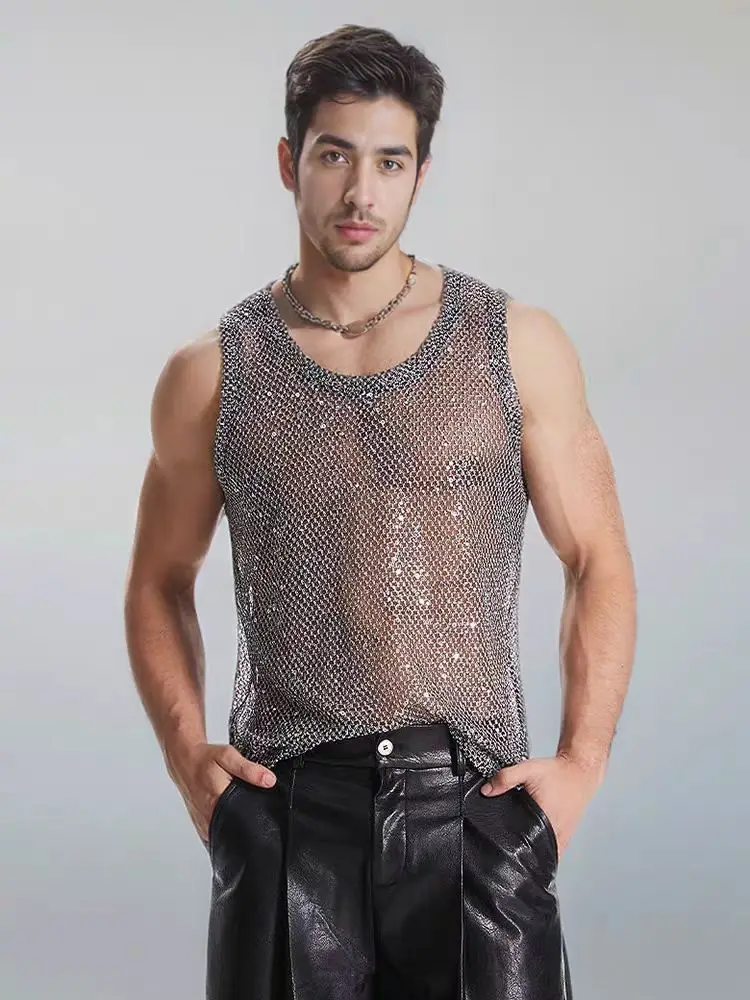 Hollow-out Sexy Metallic Tops Men's Sequin-Embellished woven Mesh Sleeveless Vest Stage Show Costumes
Hollow-out Sexy Metallic Tops Men's Sequin-Embellished woven Mesh Sleeveless Vest Stage Show Costumes