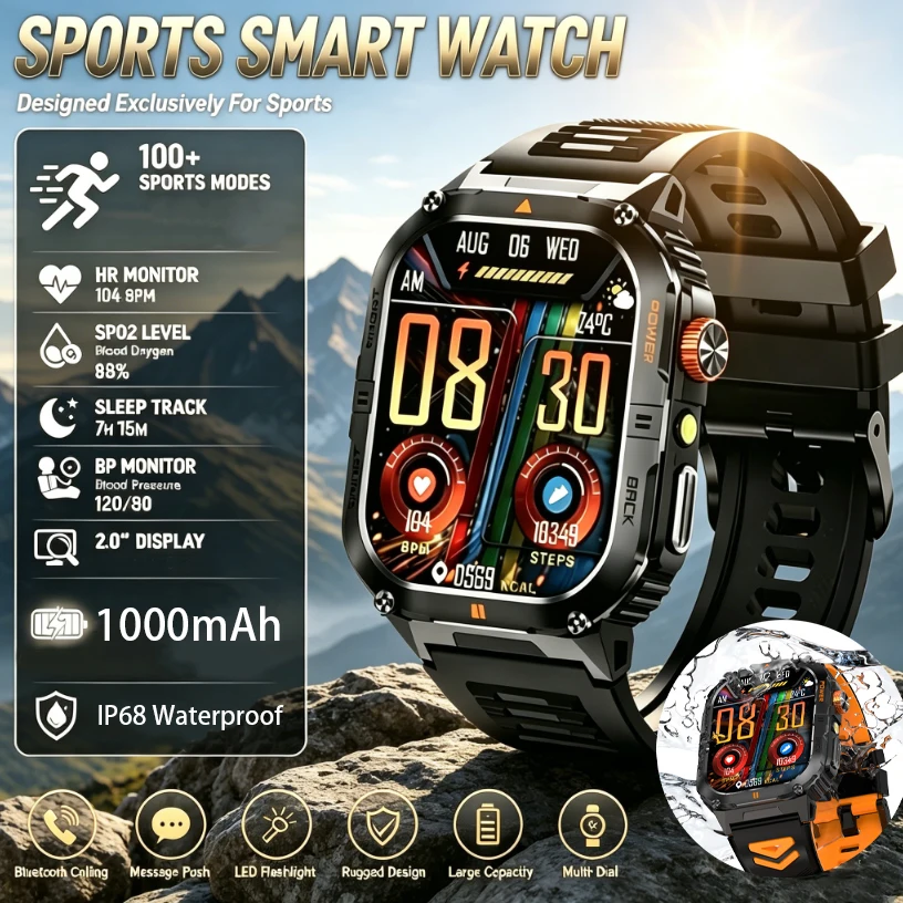 2026 IP68 Waterproof Men Outdoor Rugged Smart Watch 1000mAh Battery LED Flashlight Fitness Tracker Support 100 Plus Sports Modes
2026 IP68 Waterproof Men Outdoor Rugged Smart Watch 1000mAh Battery LED Flashlight Fitness Tracker Support 100 Plus Sports Modes