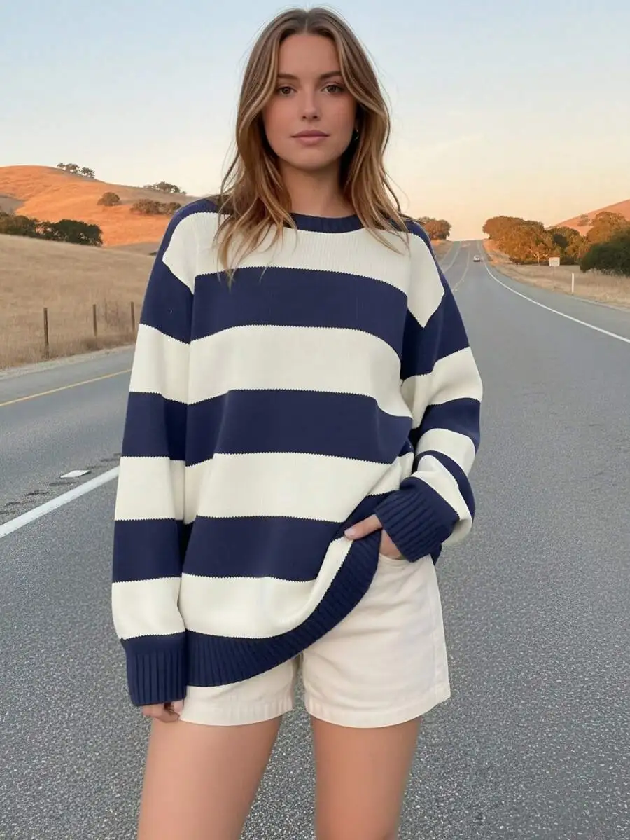 Womens Casual Striped Round Neck Loose Pullover Sweater Autumn Winter
Womens Casual Striped Round Neck Loose Pullover Sweater Autumn Winter