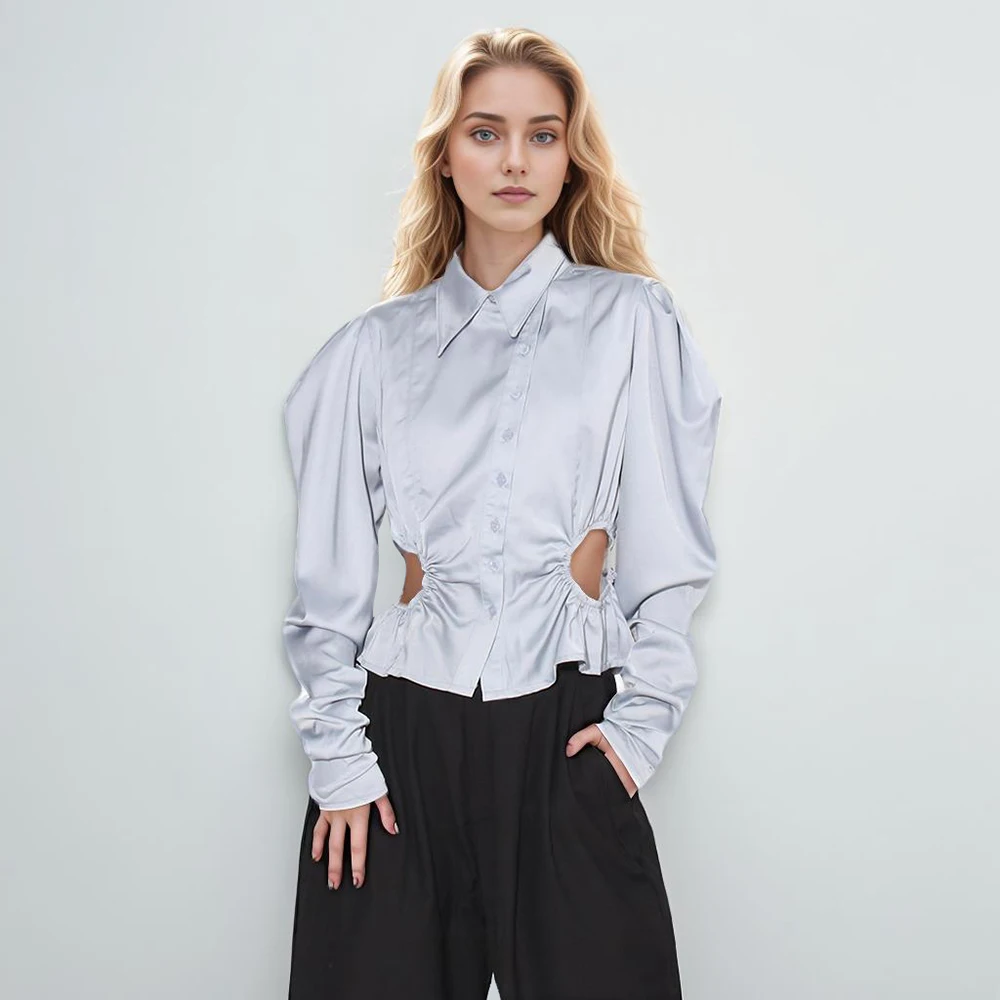 Hollow Out Patchwork Folds Shirts For Women Lapel Long Sleeve Spliced Single Breasted Irregualr Blouses Female Fashion New
Hollow Out Patchwork Folds Shirts For Women Lapel Long Sleeve Spliced Single Breasted Irregualr Blouses Female Fashion New