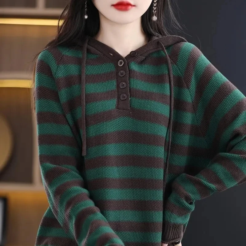 100% Cotton Woman Fashion Streetwear Hooded Sweaters Spring Autumn Drawstring Commute Korean Stripe Knitted Jumpers Fashion
100% Cotton Woman Fashion Streetwear Hooded Sweaters Spring Autumn Drawstring Commute Korean Stripe Knitted Jumpers Fashion