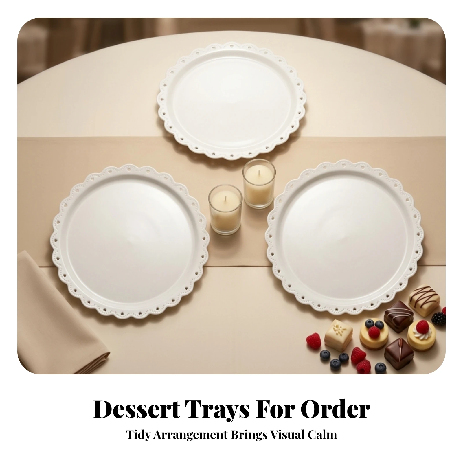 3 Pieces Tableware Flat Easy to Clean Decorative Serveware Lace-Edged Tray Scalloped Tray for Dessert Display
3 Pieces Tableware Flat Easy to Clean Decorative Serveware Lace-Edged Tray Scalloped Tray for Dessert Display