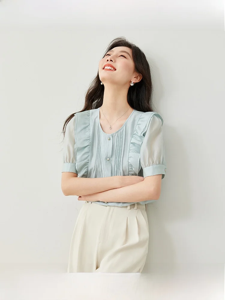 Slimming Effect ort Sve Loose Women's irt French Sle round Ne Button up Top Ele Faionable Summer New Arrival
Slimming Effect ort Sve Loose Women's irt French Sle round Ne Button up Top Ele Faionable Summer New Arrival