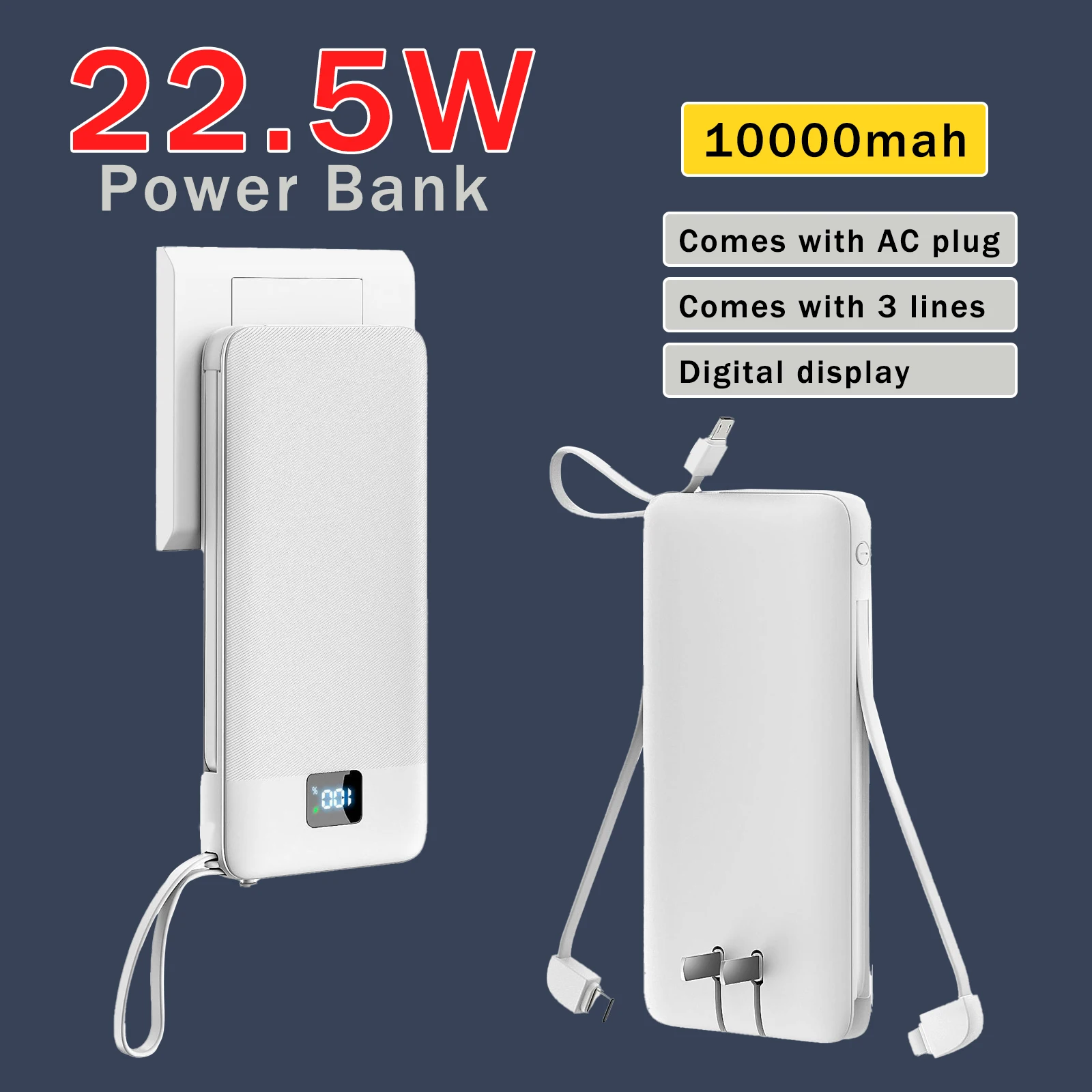 Портативный внешний аккумулятор емкостью 10000 мАч, 22,5 Вт, внешний аккумулятор с быстрой зарядкой и разъемом переменного тока, встроенный кабель Powerbank для IPhone Xiaomi Huawei
Портативный внешний аккумулятор емкостью 10000 мАч, 22,5 Вт, внешний аккумулятор с быстрой зарядкой и разъемом переменного тока, встроенный кабель Powerbank для IPhone Xiaomi Huawei