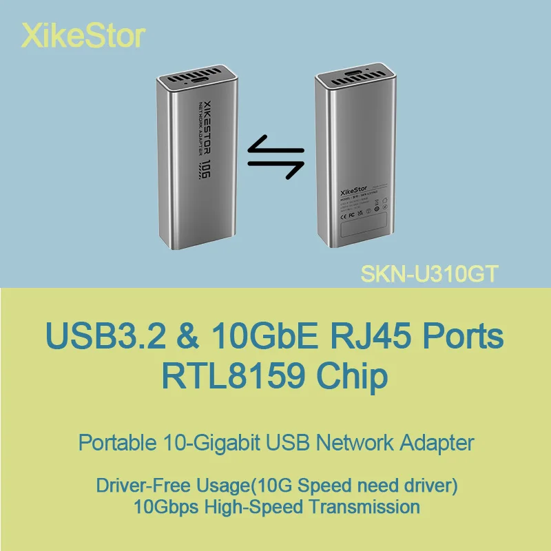 XikeStor USB3.2 & 10GbE RJ45 Ports 10G Portable Network Card with RTL8159 10-gigabit External NIC 10Gbps
XikeStor USB3.2 & 10GbE RJ45 Ports 10G Portable Network Card with RTL8159 10-gigabit External NIC 10Gbps