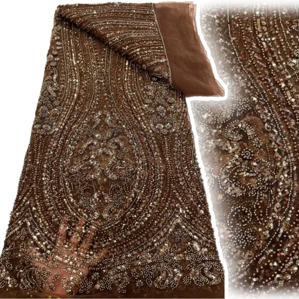 Африканская кружевная ткань с блестками и бисером, коричневая нигерия, французская сетка для жениха, тюль, кружево для женщин, свадебные платья, вечерние SZ1439 
Африканская кружевная ткань с блестками и бисером, коричневая нигерия, французская сетка для жениха, тюль, кружево для женщин, свадебные платья, вечерние SZ1439
