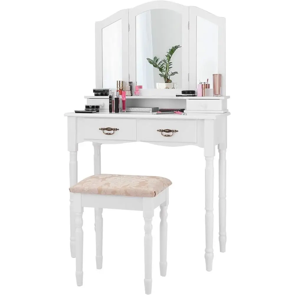 White Tri-fold Mirror Vanity Set with Makeup Drawer Table and Storage, Plus Cushioned Stool for Women
White Tri-fold Mirror Vanity Set with Makeup Drawer Table and Storage, Plus Cushioned Stool for Women