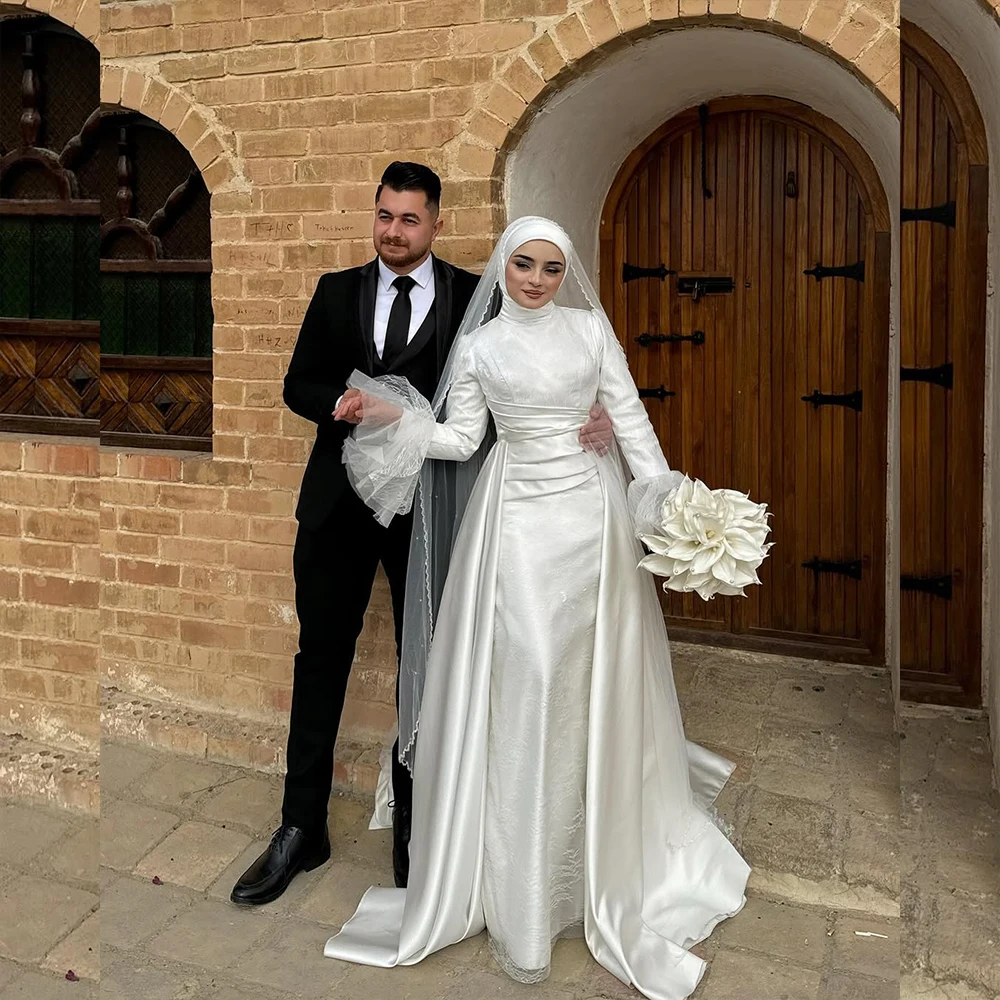 Holy Wedding Dresses for Bride High Neck Long Sleeve Mermaid Pleats Muslim Garden Beach Bridal Gown vestidos de novia Customized
Holy Wedding Dresses for Bride High Neck Long Sleeve Mermaid Pleats Muslim Garden Beach Bridal Gown vestidos de novia Customized