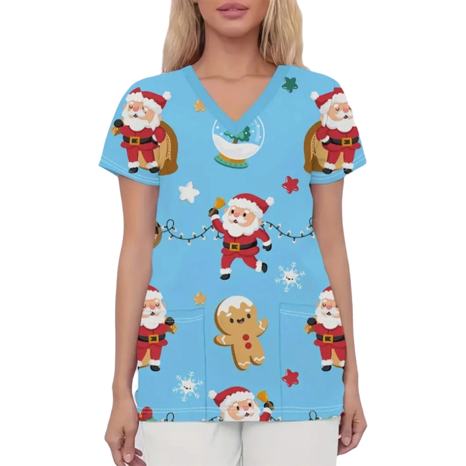 Women Christmas Print Role Play T-shirts Short Sleeve Pockets Scrub Snowman T-shirt Sanitary Blouse for Xmas Holiday Festival
Women Christmas Print Role Play T-shirts Short Sleeve Pockets Scrub Snowman T-shirt Sanitary Blouse for Xmas Holiday Festival